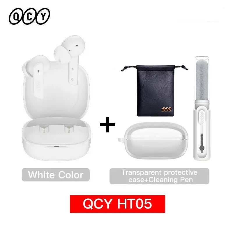 QCY HT05 wireless earbuds with white charging case; includes black pouch, transparent protective case, and cleaning pen