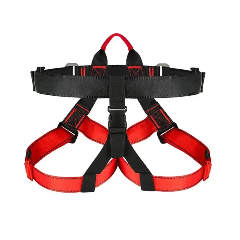 Climbing safety harness, black waist belt with red leg loops, half-body design