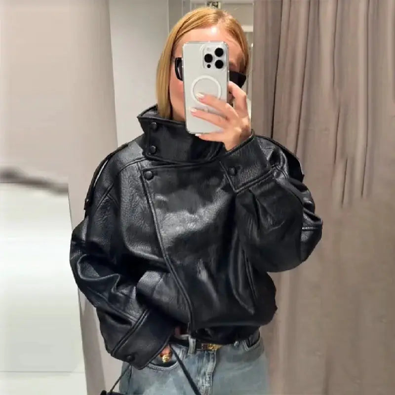 UrbanChic PU Leather Jacket Stand Collar Long Sleeve Loose Fit Coat For Effortless Casual Streetwear In Autumn