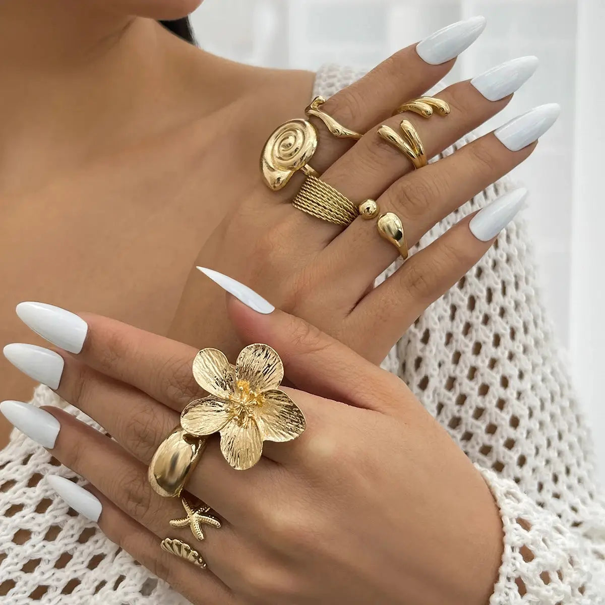Ingemark 8 Piece Vintage Metal Ring Set For Women Petal Flower Water Drop Open Rings Gothic Geometric Jewelry Gift 2025