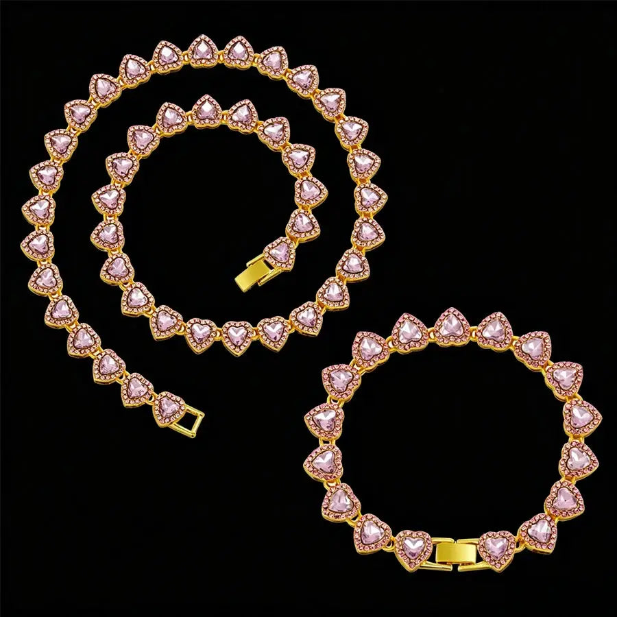 Yupsk 45cm 20cm Shiny Heart Rhinestone Hip Hop Rock Tennis Chain Bracelet Necklace Women Men Trendy Jewelry Set Gift