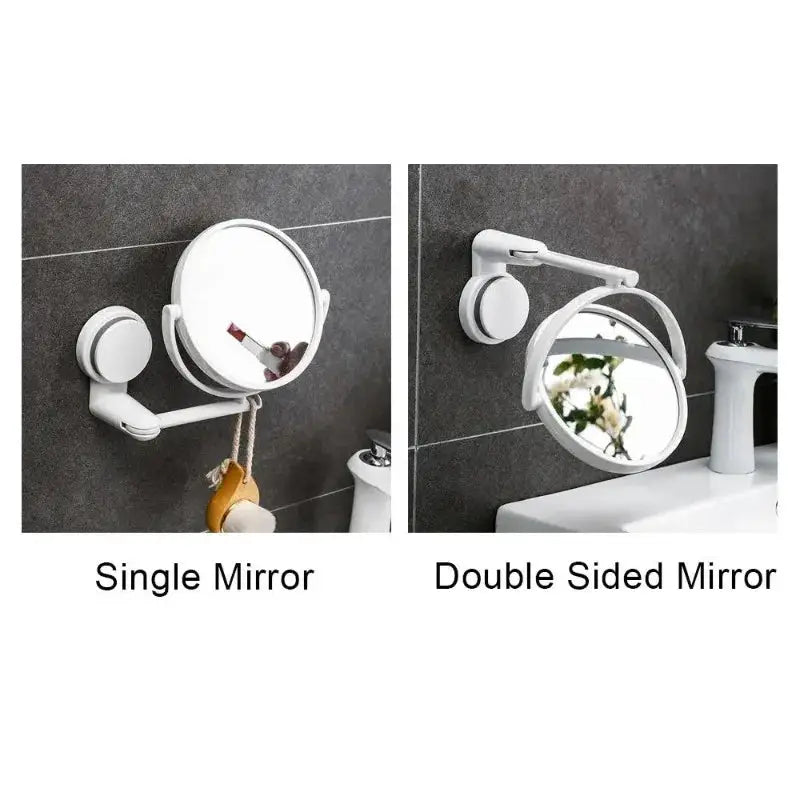 Two white round plastic bath mirrors: a single rotating suction-mount mirror and a double-sided wall-hung mirror.