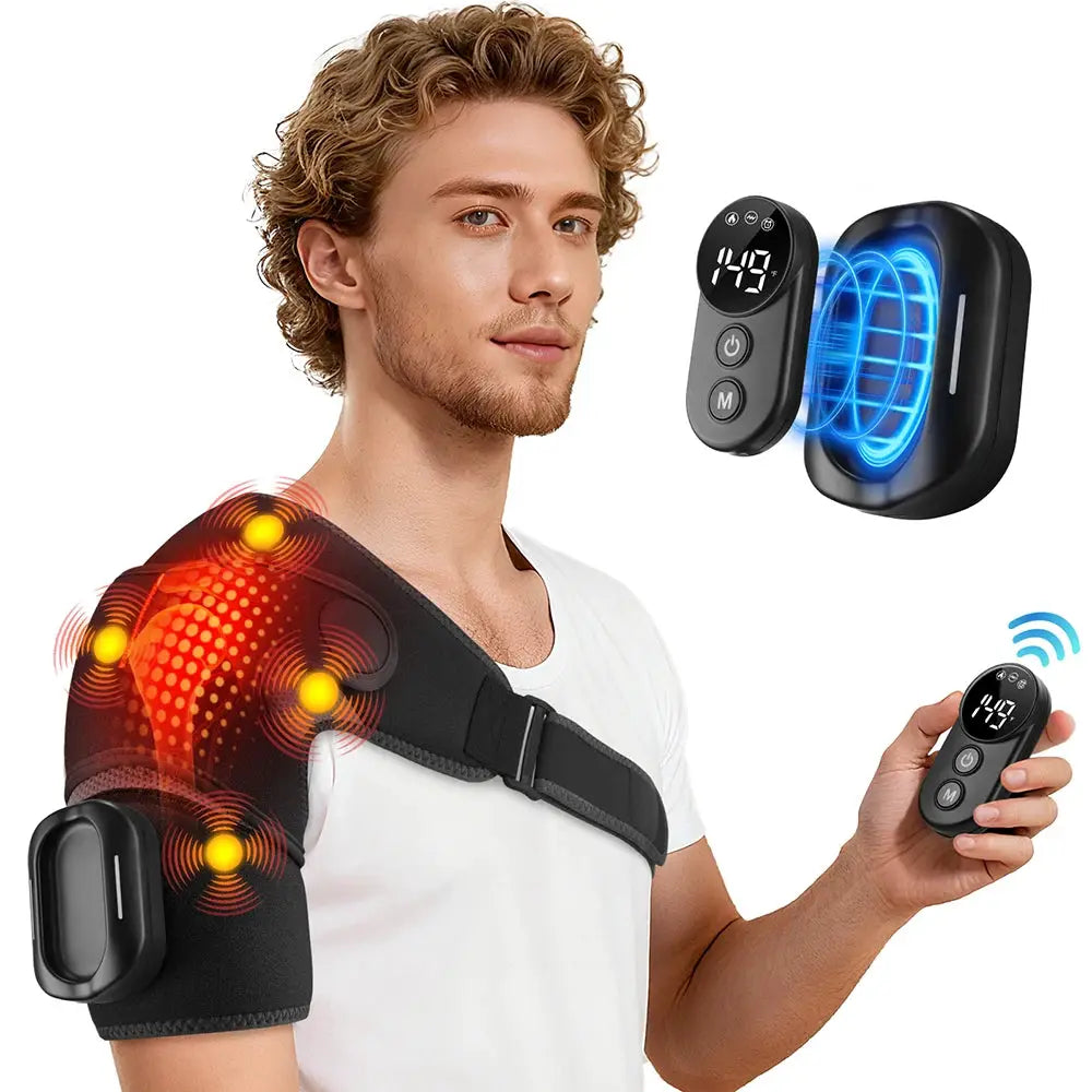 Black electric heated shoulder brace with adjustable strap and wireless remote control