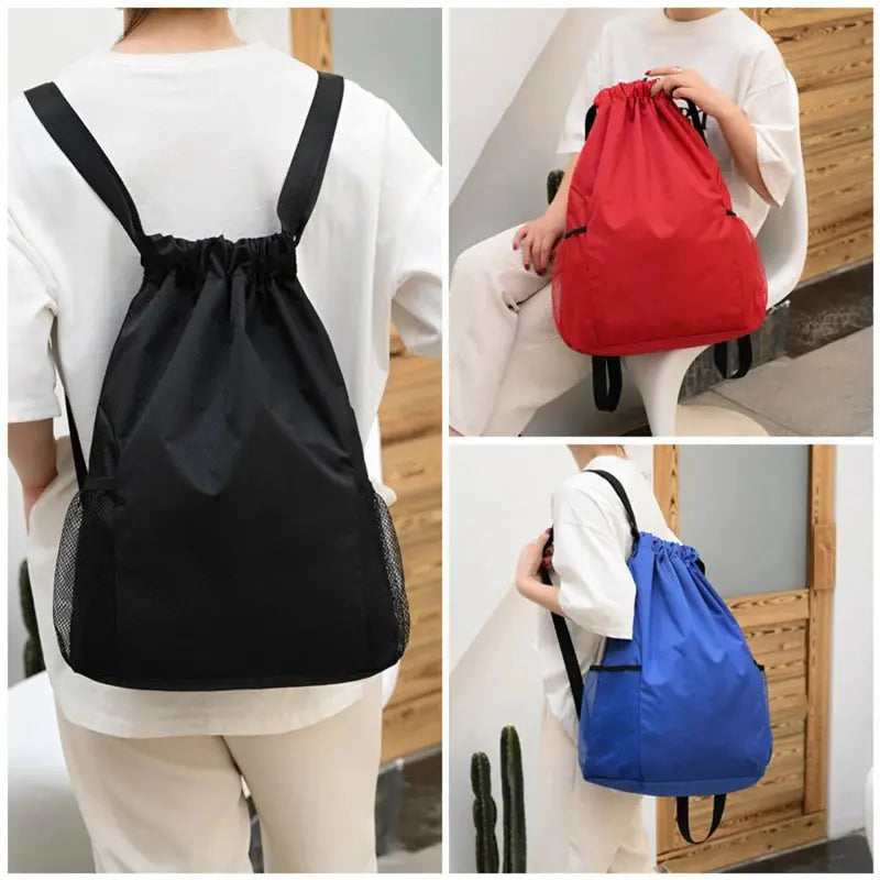 Drawstring backpack by Simples Market, unisex large-capacity bag in solid colors black, red, blue with side mesh pockets