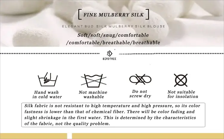 Birdtree silk bralette care banner with Mulberry silk label, logo, and washing icons