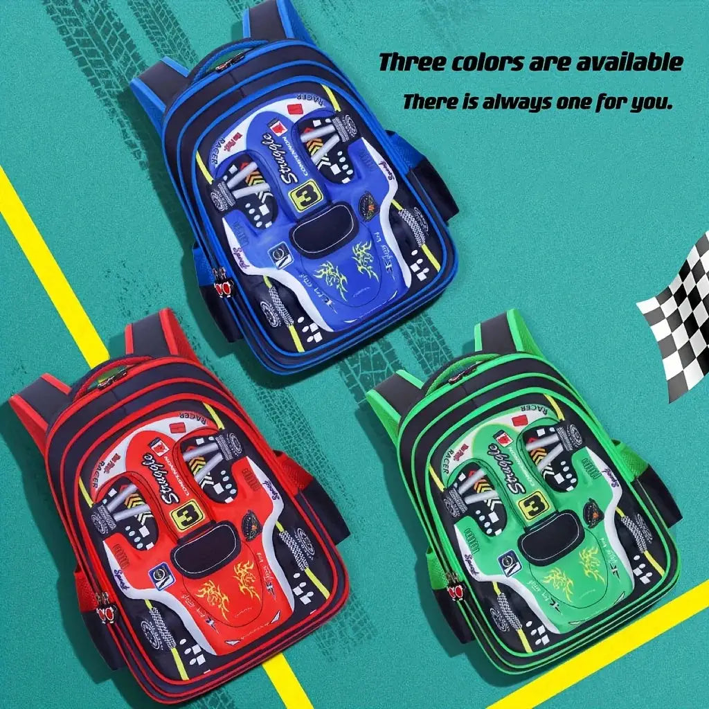Waterproof lightweight 3D car backpack for kids by Simples Market; three-color variants in red, blue and green.