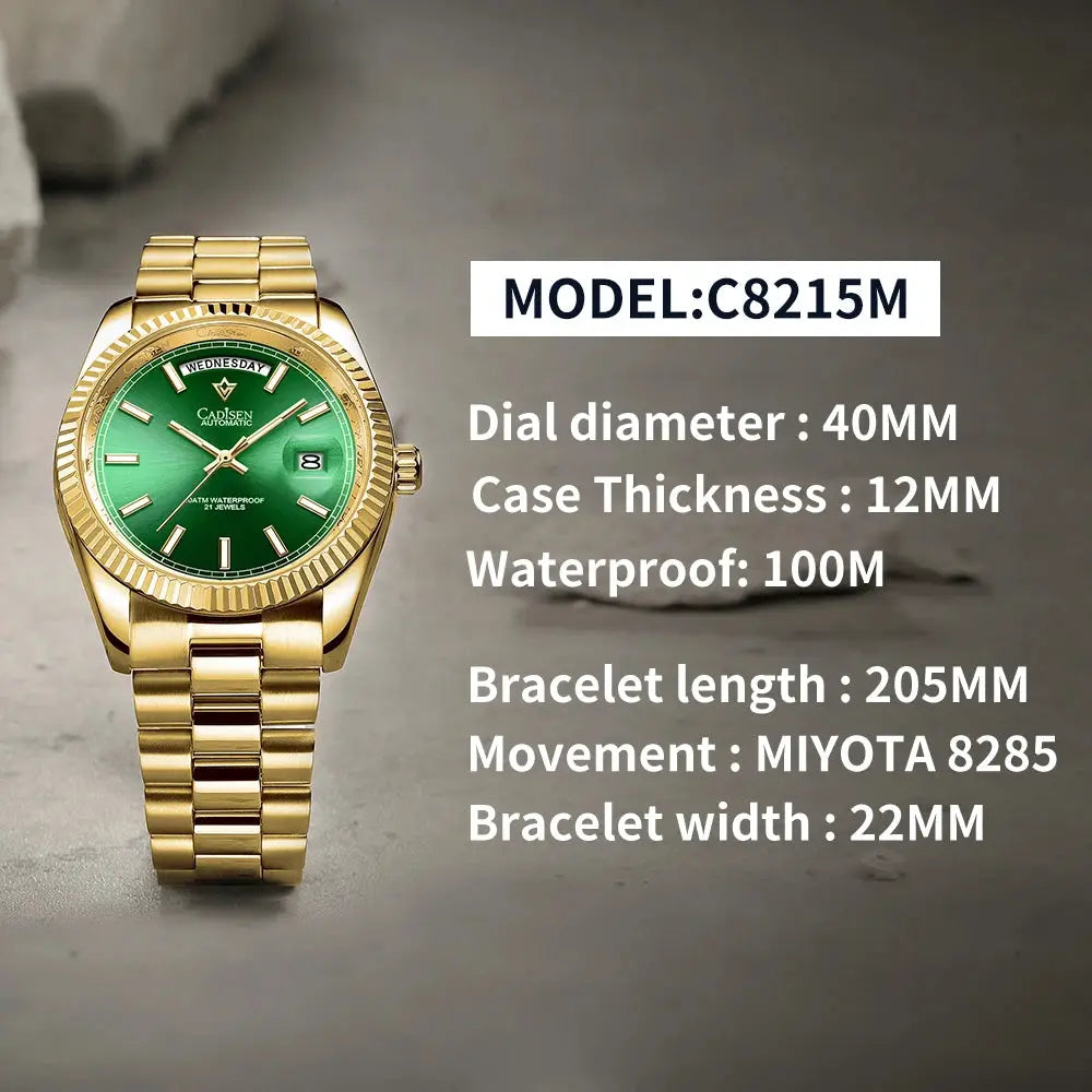 CADISEN automatic men's watch with green dial, gold-tone bracelet, sapphire glass, 40mm, MIYOTA 8285, 100M WR