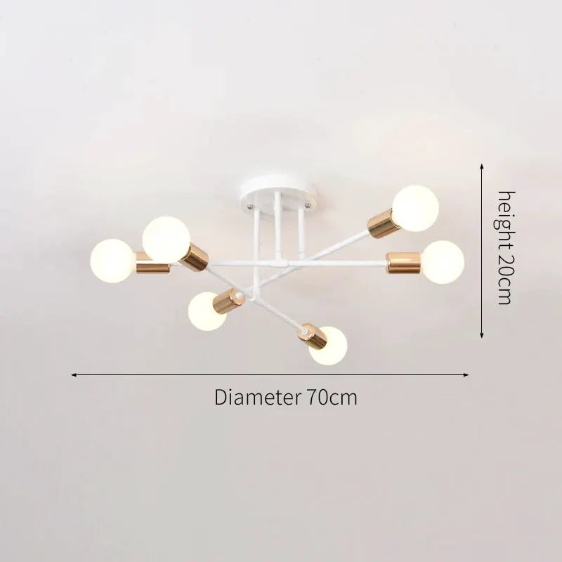 Six-head retro industrial LED ceiling lamp in white wrought iron with brass sleeves, E27 decor for living rooms