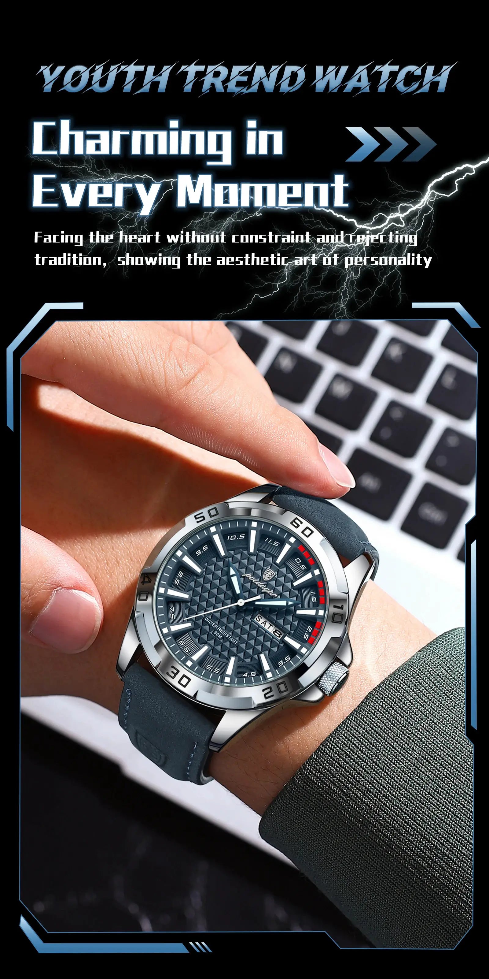 POEDAGAR men's wristwatch with blue dial, date window, stainless steel bezel and leather strap