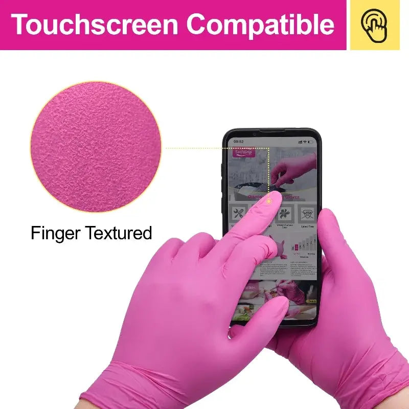 Nitrile disposable gloves, fuchsia; 2 gloves shown, touchscreen compatible.
