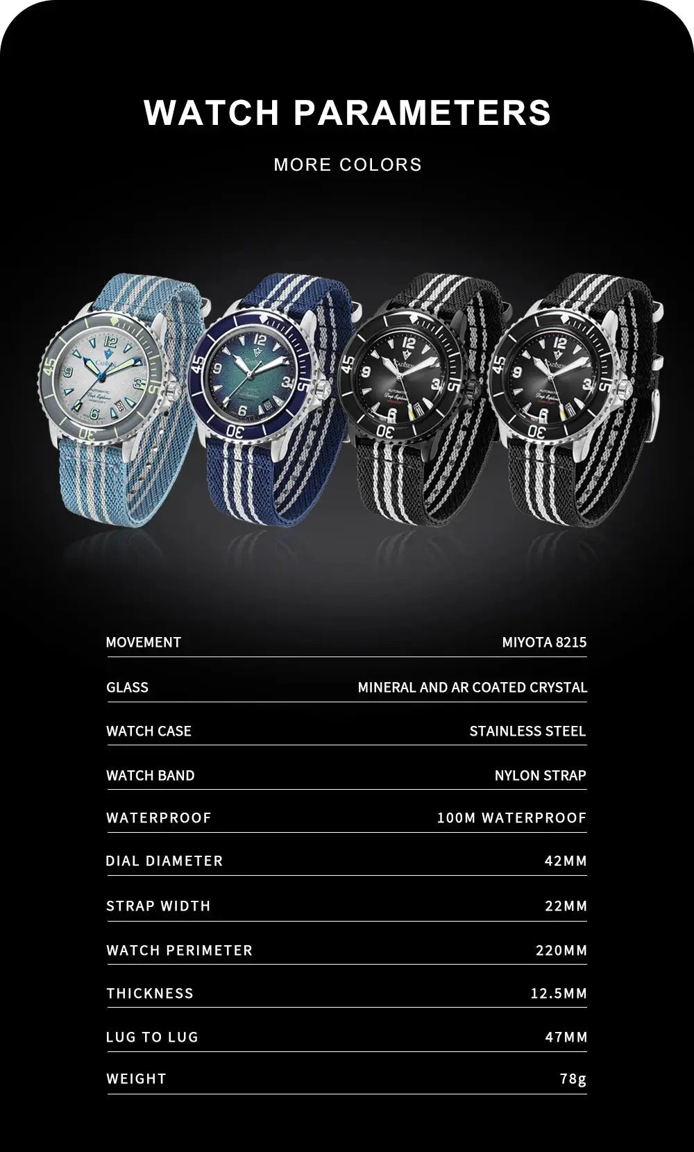 CADISEN Deep Explorer automatic watches with canvas straps; five watches in blue to black tones from Simples Market
