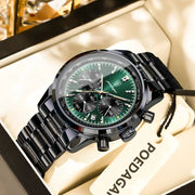 POEDAGAR luxury men's watch with green dial, chronograph subdials, date window, and black stainless steel bracelet