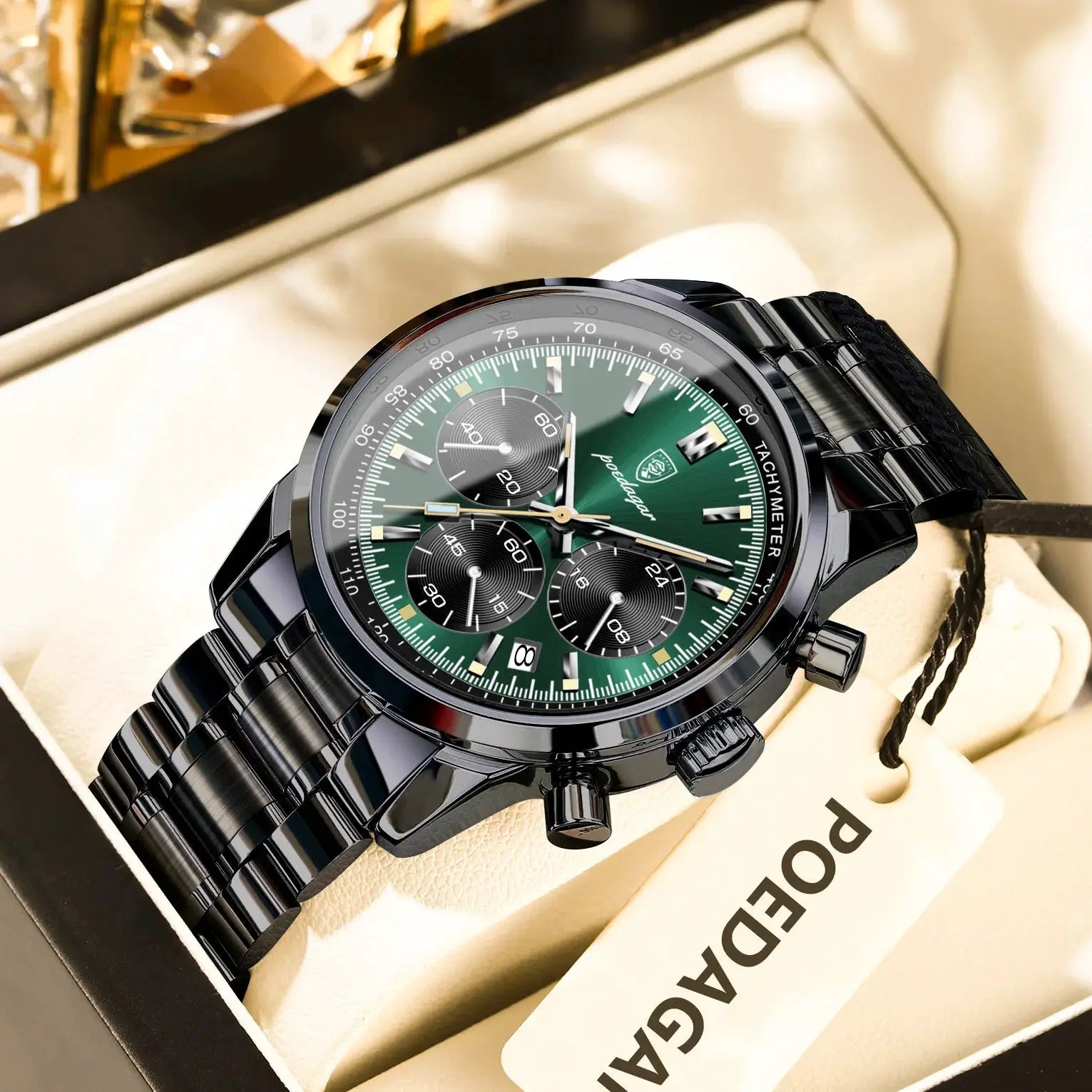 POEDAGAR luxury men's watch with green dial, chronograph subdials, date window, and black stainless steel bracelet