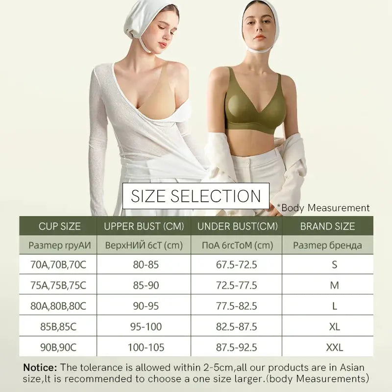 Simples Market SUJIIN wireless padded bralette; nude beige and olive green, seamless lift, 2 bras shown