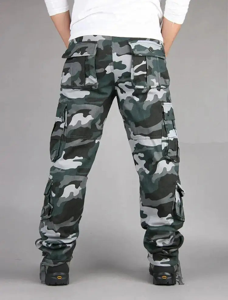 Men's tactical camouflage cargo pants, cotton fabric in green-gray camo with multiple pockets