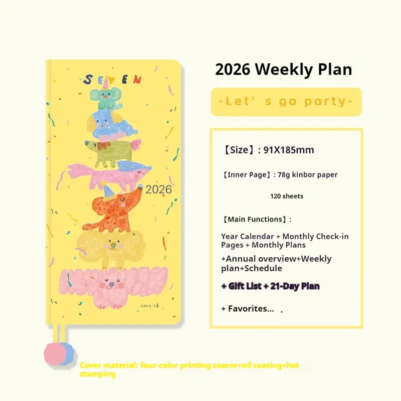 Kinbor 2026 weekly planner pocket-size notebook with yellow cover featuring stacked elephants and confetti.