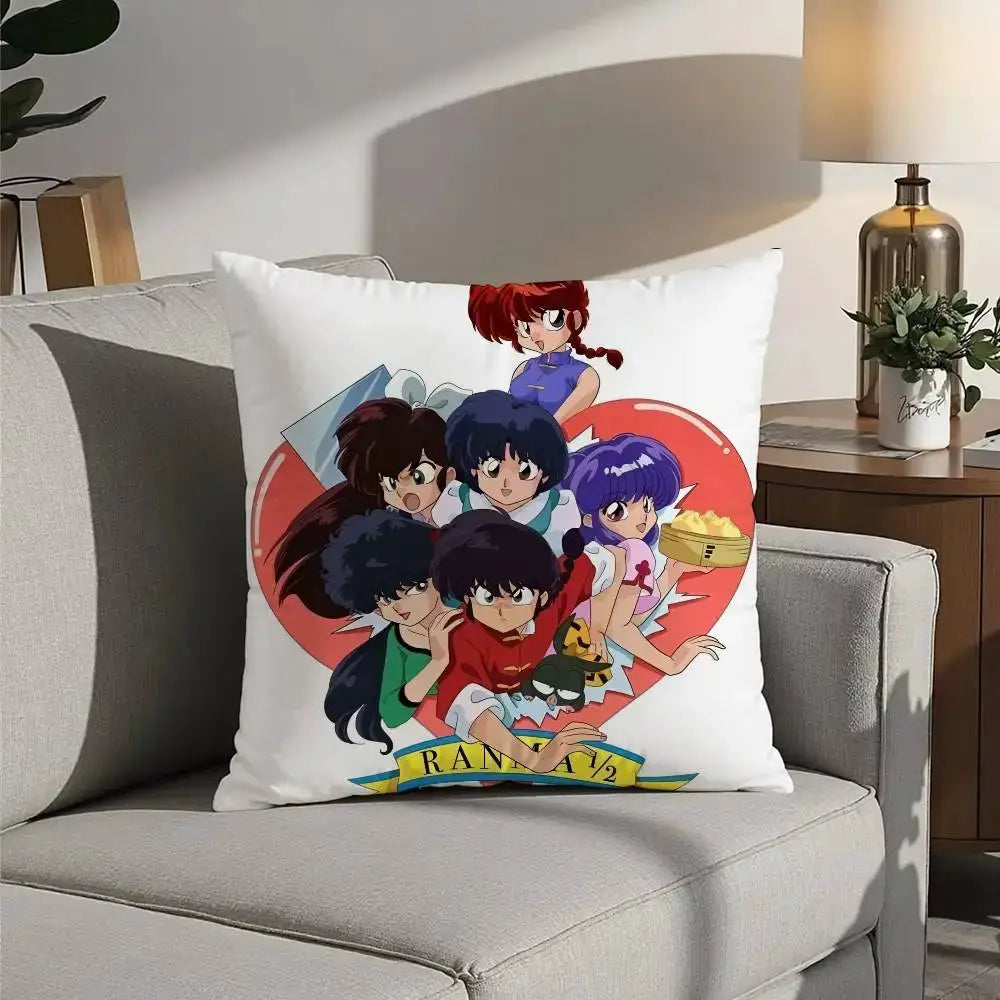 P Chan Ranma cartoon pillow cover; white plush, double-sided print of Ranma 1/2 characters in a heart.