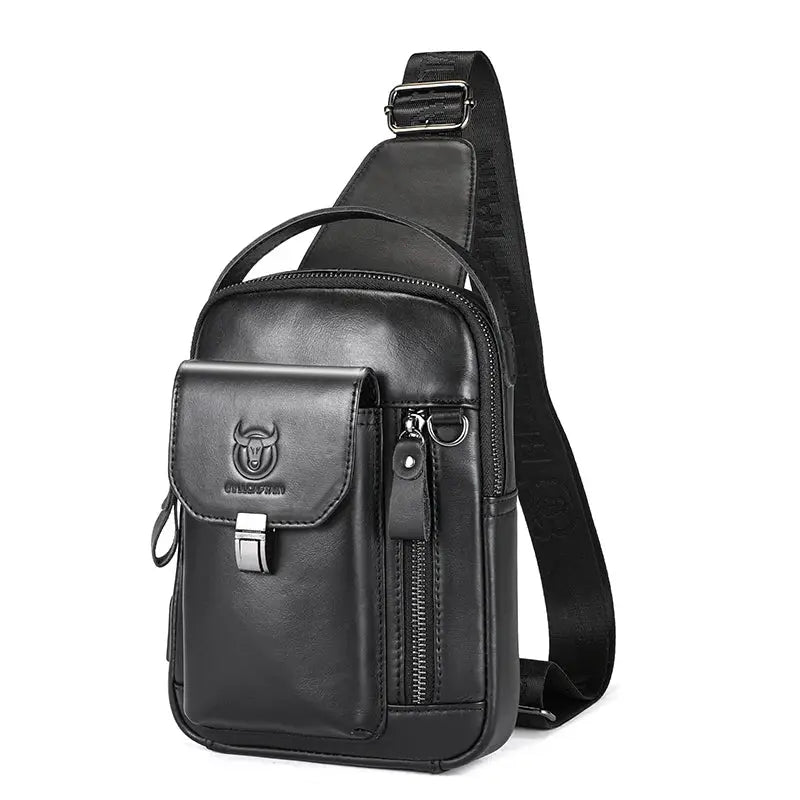BullCaptain men's genuine leather chest bag, black crossbody with a front flap pocket and side zipper
