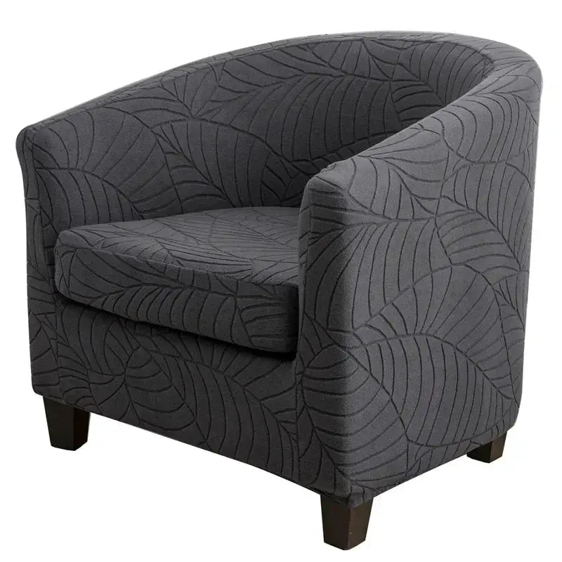 Leaves Jacquard tub chair slipcover in charcoal gray with leaf pattern
