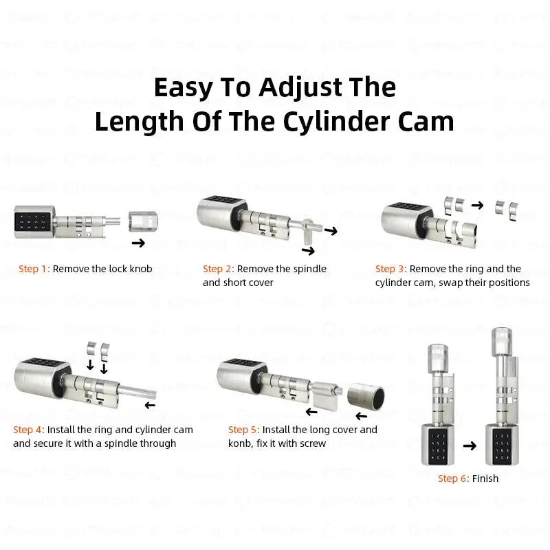 Simples Market smart silver euro cylindrical door lock installation steps showing spindle, ring, cam, and finish