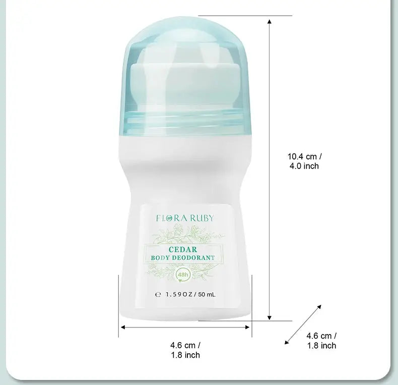 Flora Ruby Light Green Series Cedar Body Deodorant Roll-On, aluminum-free, 50 mL, compact bottle
