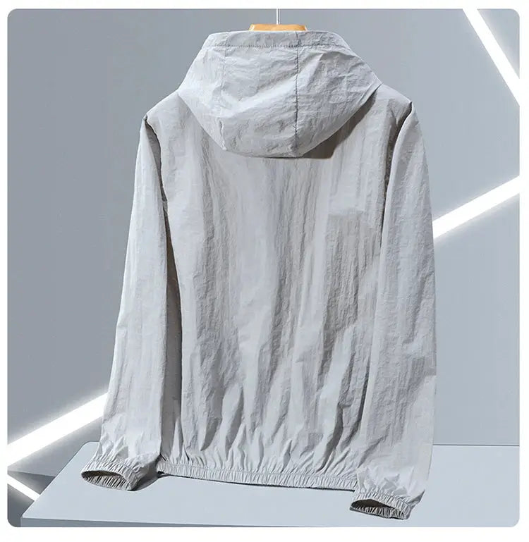 Summer Thin Ice Silk Sun Protection Jacket for Men by Simples Market, light gray hooded