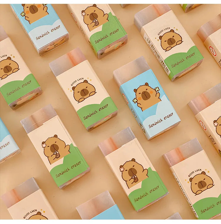 Capybara sandwich erasers set by Simples Market in pastel blue and green wrappers.