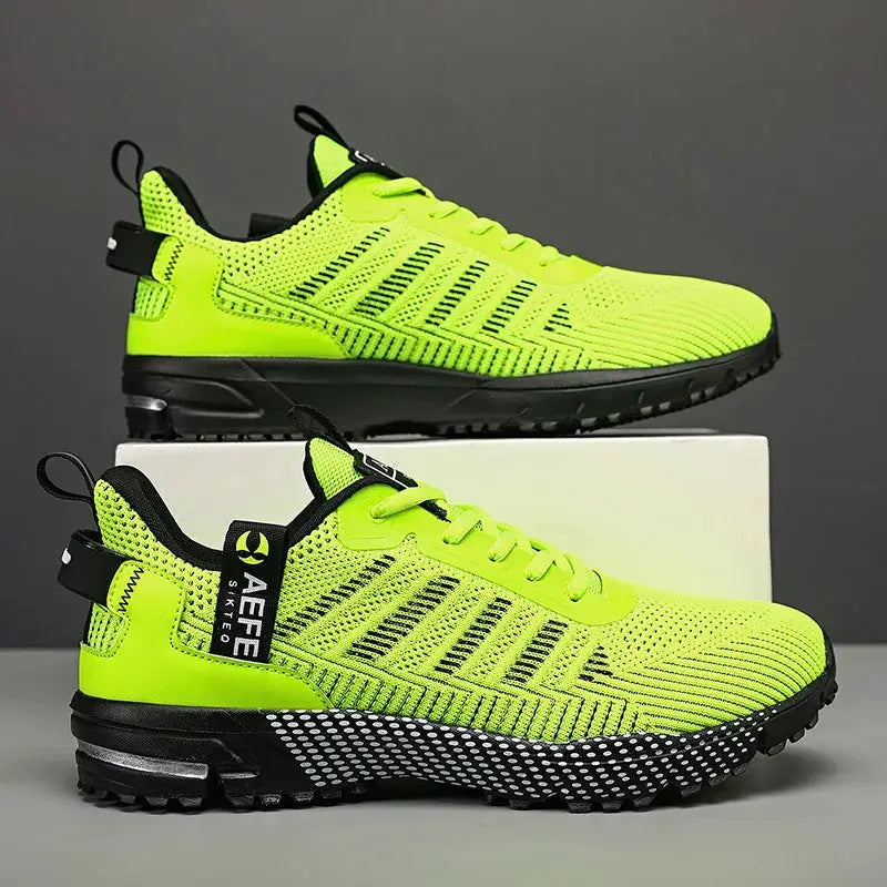 Men's neon green breathable mesh running shoes, Simples Market lightweight athletic sneakers pair