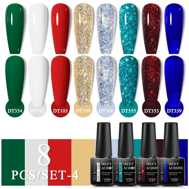 MEET ACROSS 8-Piece Glitter Gel Nail Polish Set; soak-off UV gel varnish kit