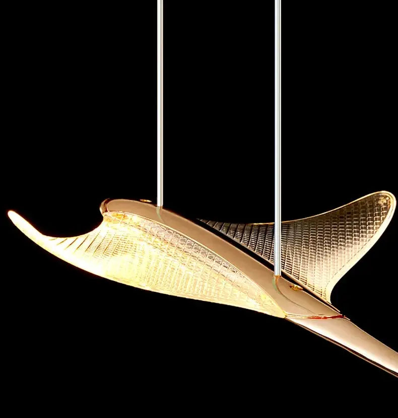 Seagull staircase pendant lamp, gold finish glass wings, modern long pendant by Simples Market