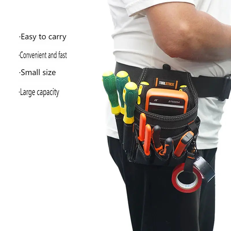 TOOLSTACK Electrician Pouch; black wear-resistant tool belt with screwdrivers, pliers, and tape