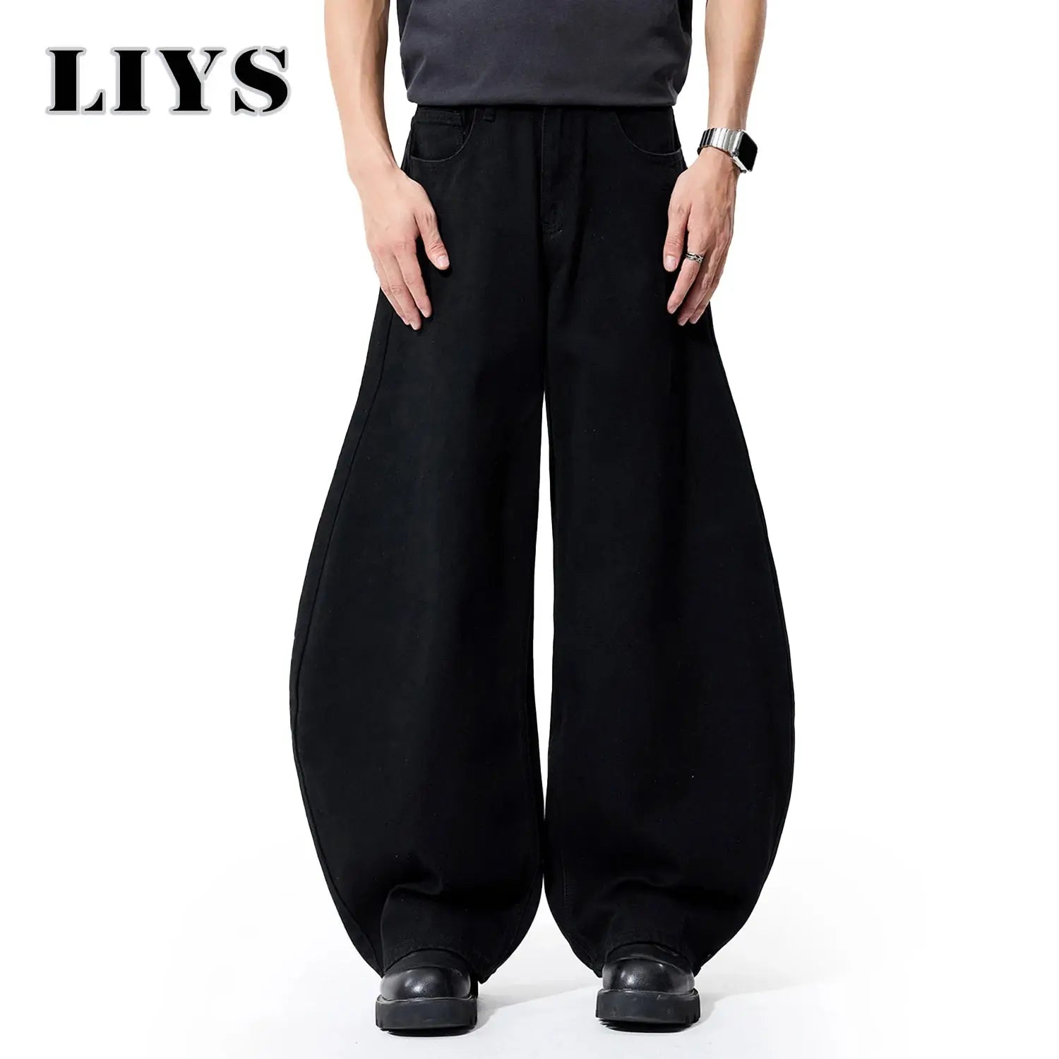 Simples Market men's black denim baggy wide-leg jeans for streetwear, oversized silhouette.
