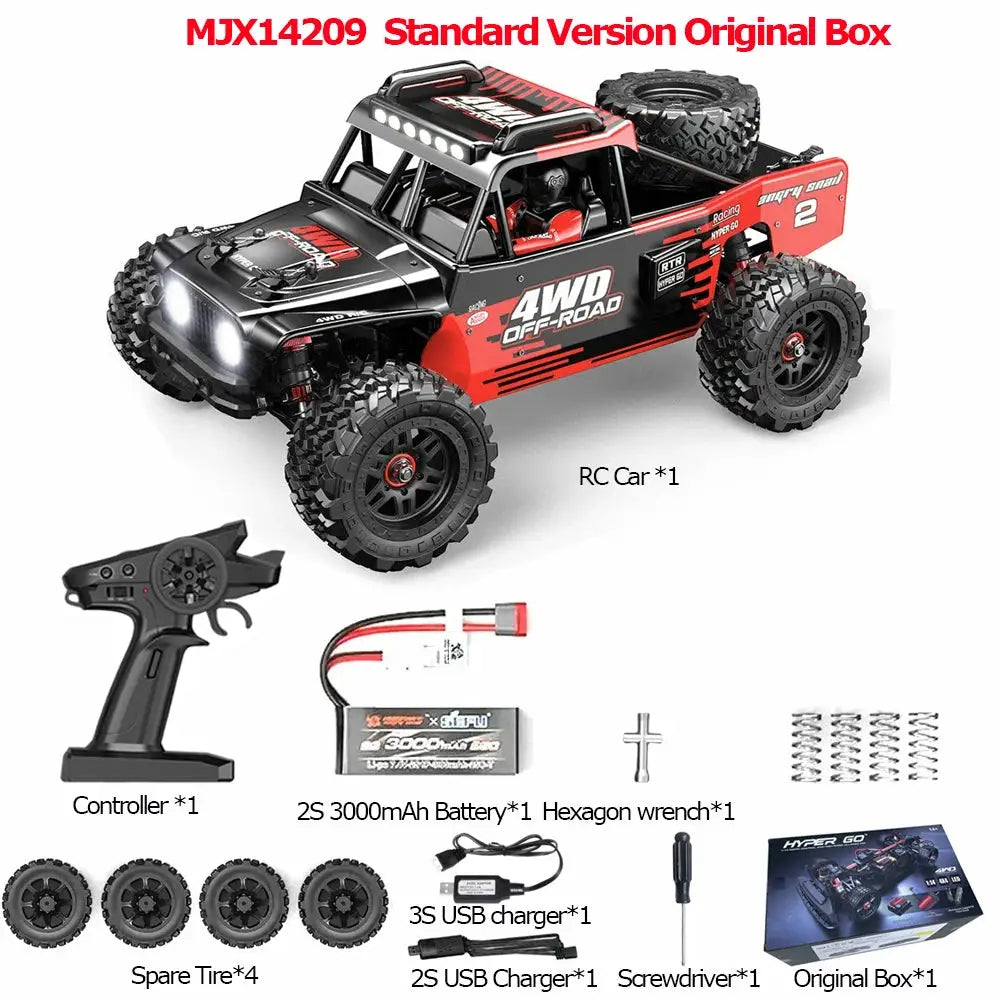 MJX 1/14 RC car 4WD off-road with remote, spare tires, 3000mAh battery, USB charger, tools, original box