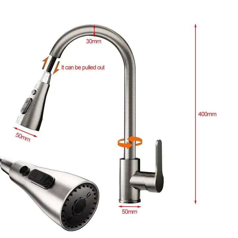 Stainless steel pull-out kitchen faucet with retractable spray head, hot and cold, Simples Market.