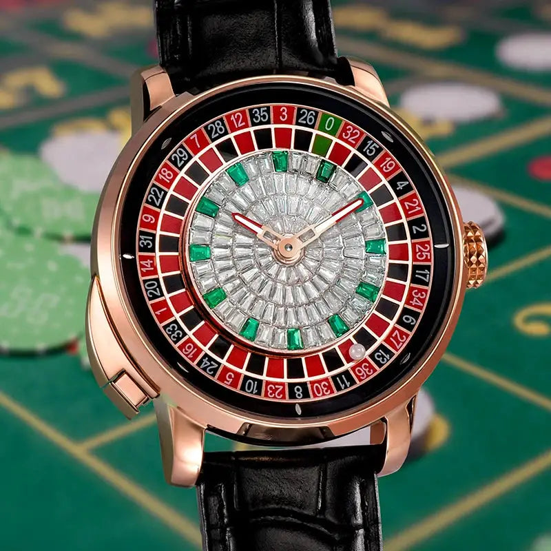 Mechanical wristwatch Simples Market PINDU for men with rose-gold case, roulette dial, black leather strap