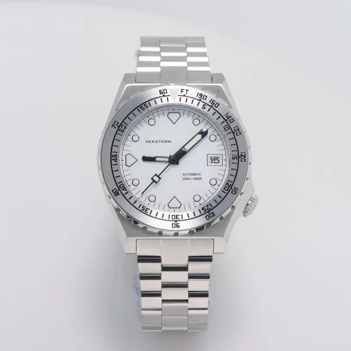 Seestern Sub600T men's diver watch, stainless bracelet, white dial, date window, automatic 200m