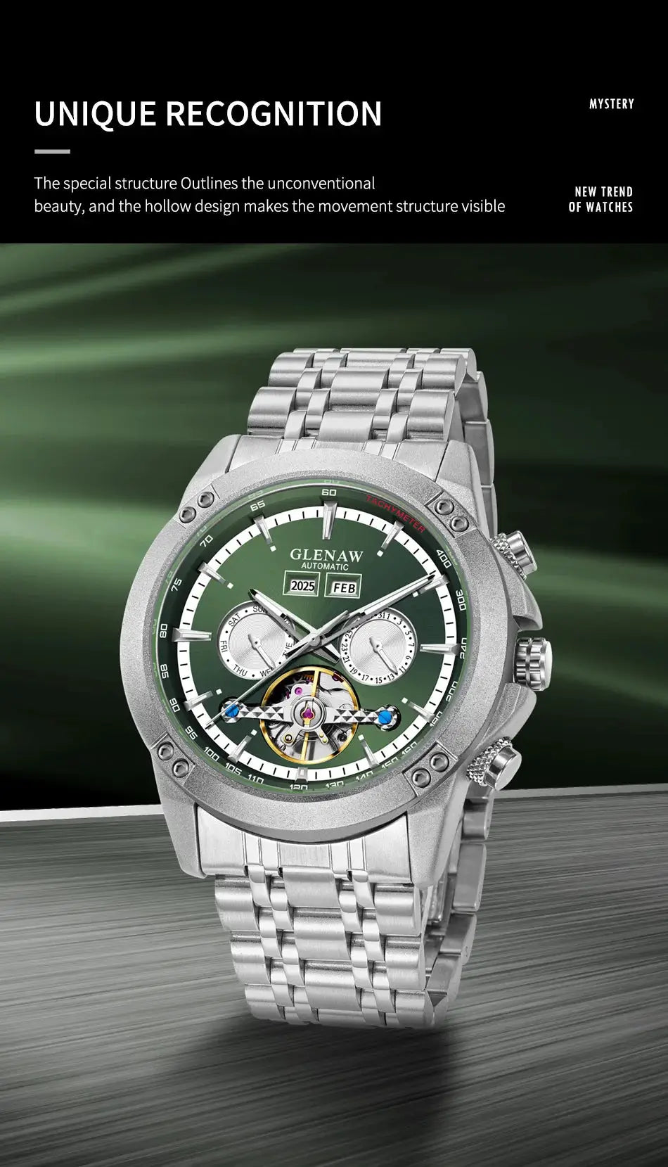 Glenaw automatic men's watch with green dial, stainless steel bracelet, skeleton movement