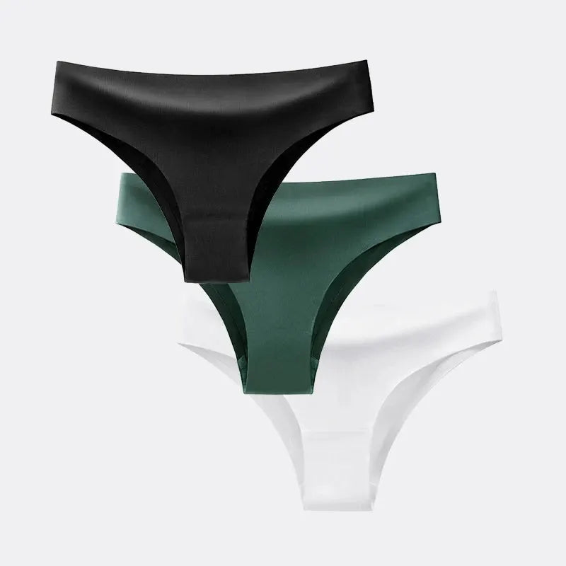 3-pack seamless thong panties by BANNIROU in black, green, and white