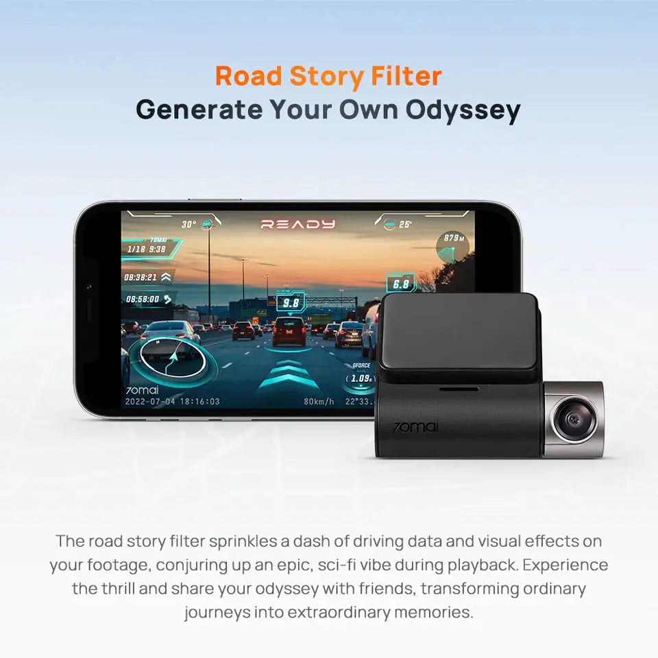 70mai Dash Cam A510 two-camera kit, front & rear, black with smartphone display