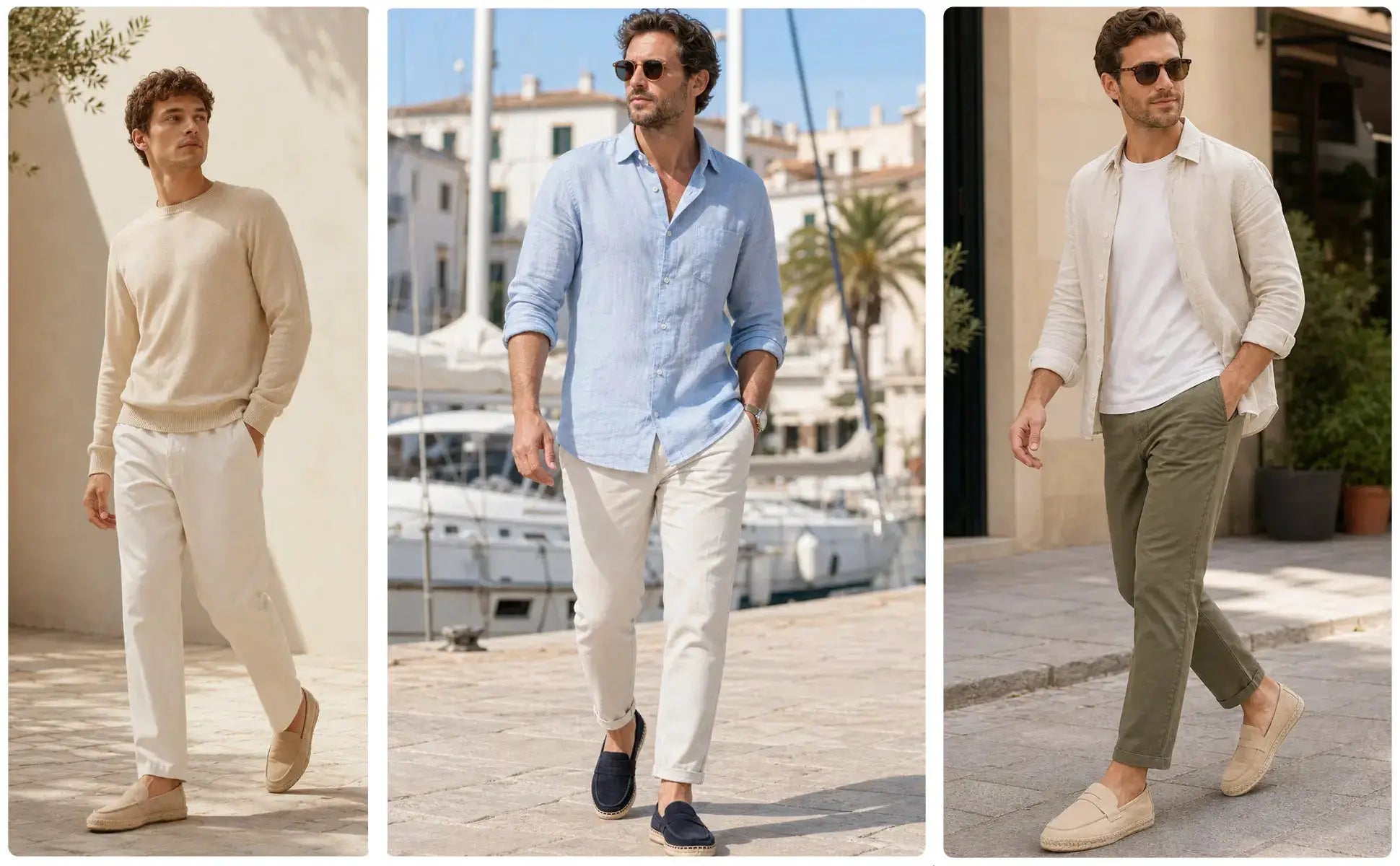 Set of three: men's jute espadrilles slip-on loafers in beige cow suede leather by Simples Market.