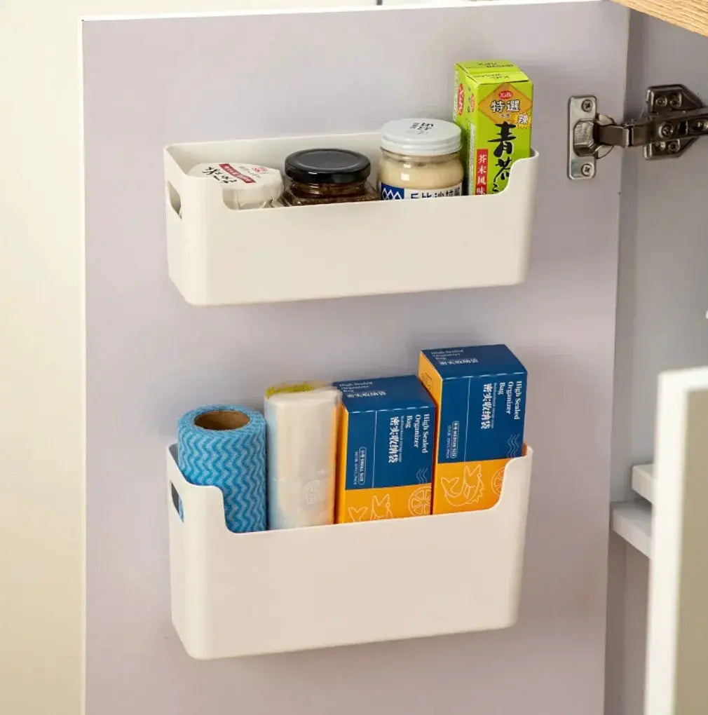 Non perforated cling film rack; white plastic dual-shelf cabinet-door organizer for kitchen (2 racks)