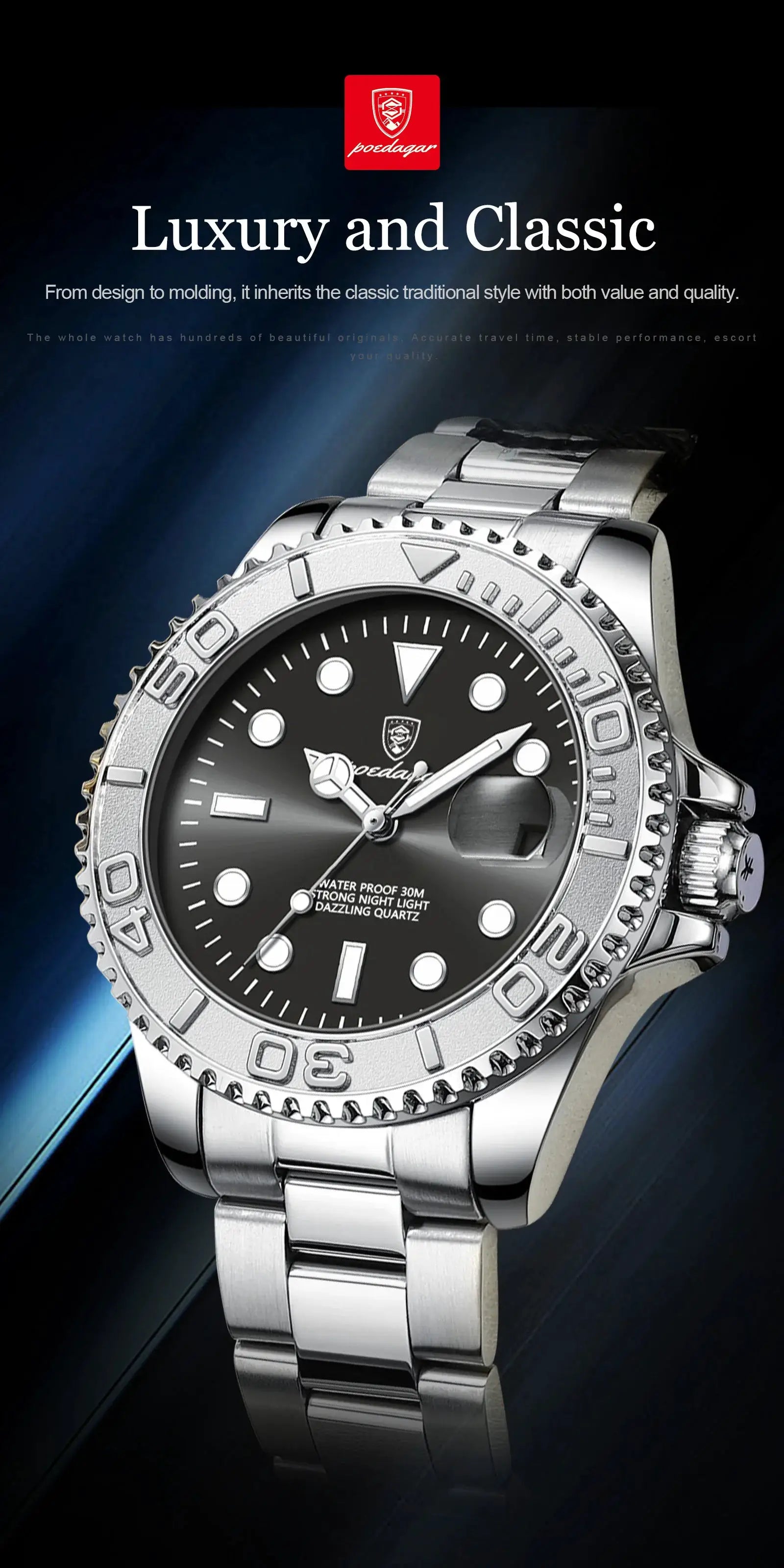 POEDAGAR luxury men's stainless steel watch with black dial, luminous markers, date window, 30m waterproof