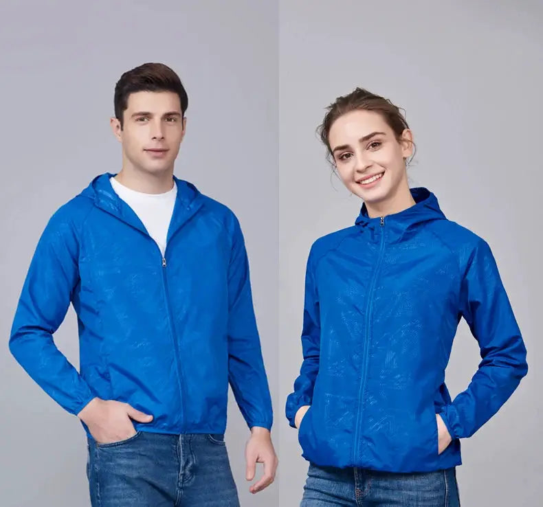 LNGXO waterproof hiking jackets in blue for men and women, hooded windbreaker by Simples Market
