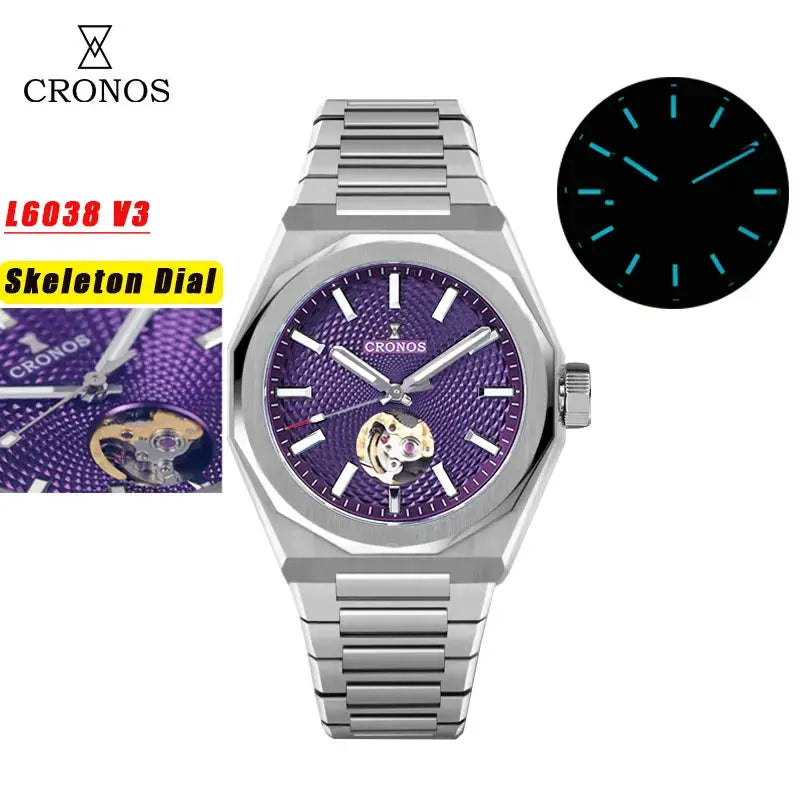 Cronos skeleton dial automatic wristwatch with purple dial, stainless steel bracelet, 39mm case, see-through caseback