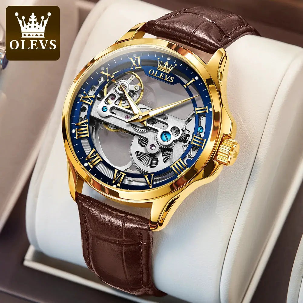 OLEVS skeleton automatic men's watch with gold-tone case, blue bezel and brown leather strap.