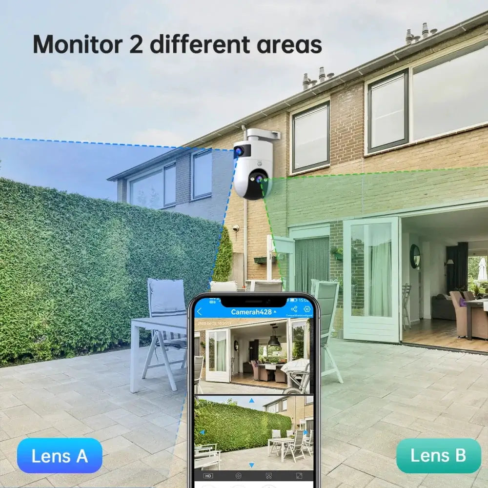 Simples Market outdoor 4K dual-lens IP security camera with 5G WiFi; phone app view.