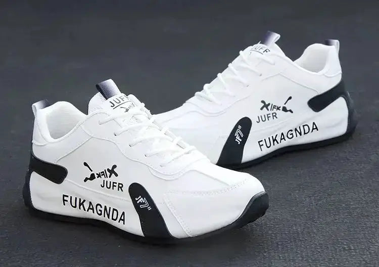 Pair of men's white PU leather sneakers with black heel and outsole accents, lightweight casual sports shoes