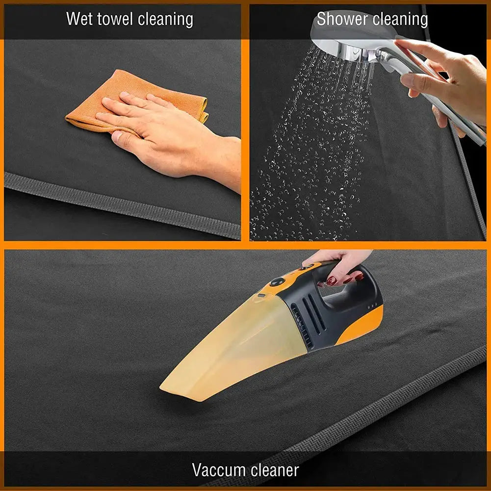 Simples Market dog car seat cover; waterproof, non-slip mat for front and back seats in dark fabric with vacuum cleaner shown