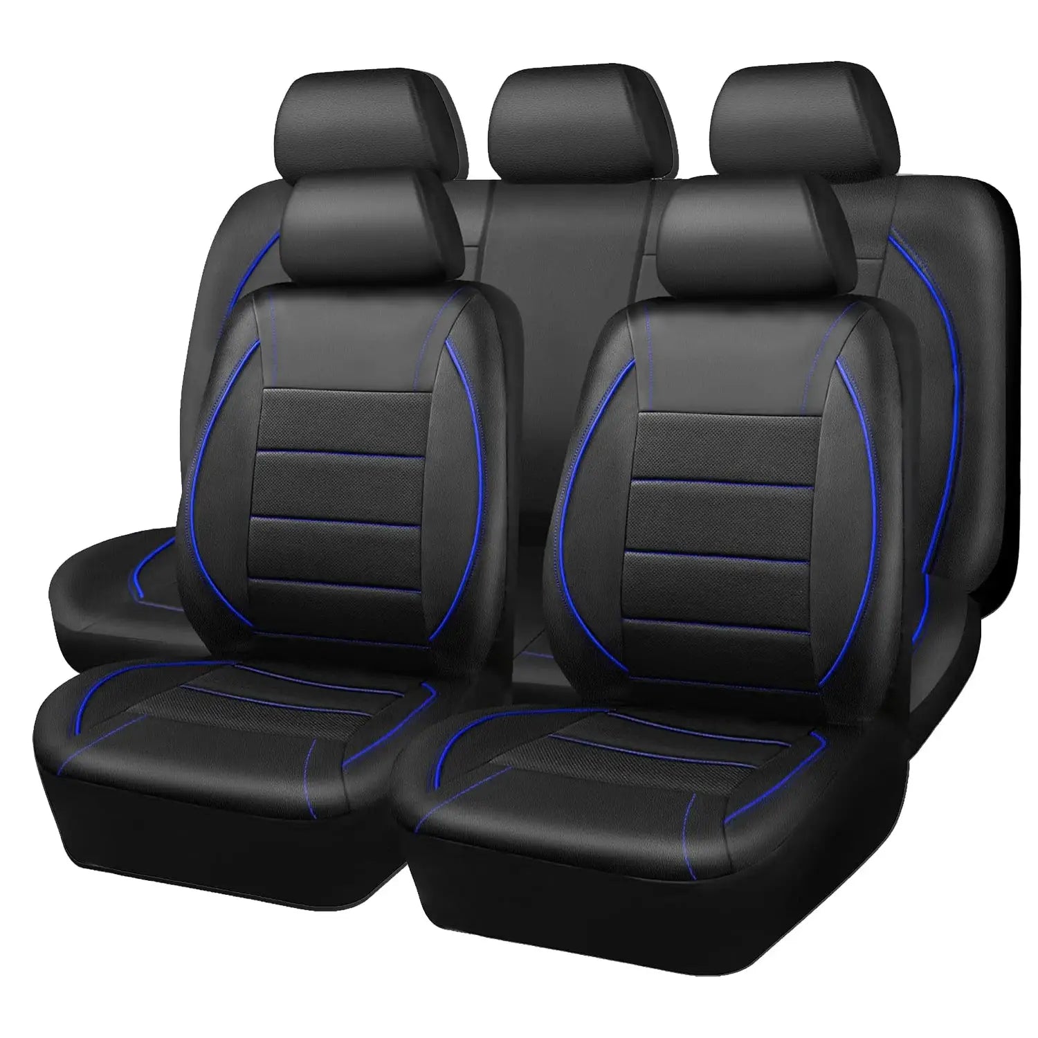 Universal leather car seat covers for 5 seats in black with blue piping, breathable