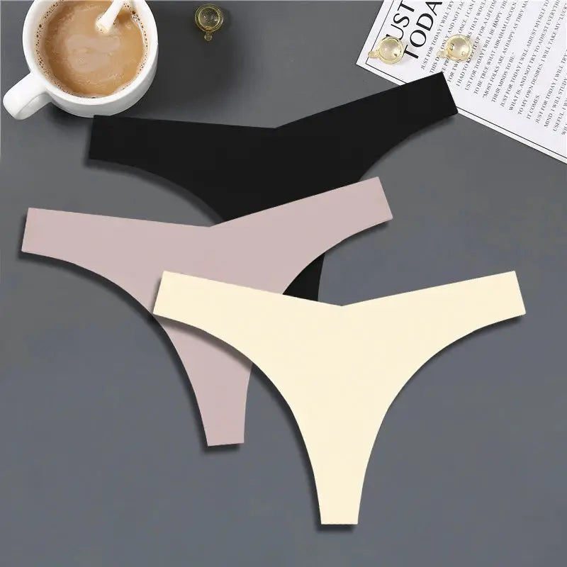 3-pack women's seamless ice-silk thong underwear in black, blush, and cream with V-waist low-rise G-string
